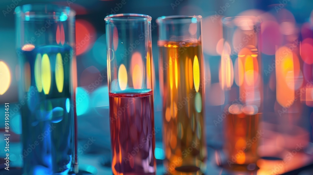 Wall mural close up view of test tubes containing liquid samples in laboratory for analysis with text space