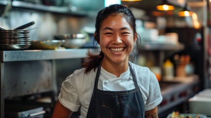 Fototapeta premium A woman wearing a chef's uniform smiles in a busy kitchen