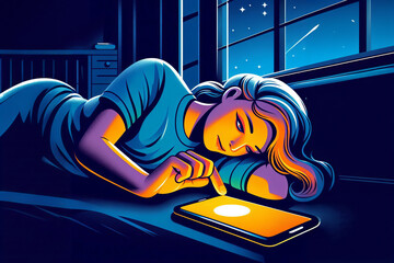 Individual lying down, mobile device in hand, face lit by screen in dark room. Reflects modern life, technology's constant presence, solitude, nighttime moments. Evocative of digital era habits