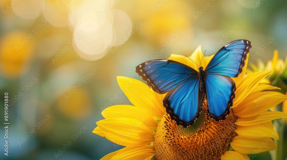 Wall mural Blue Morpho Butterfly on Sunflower with Copy Space