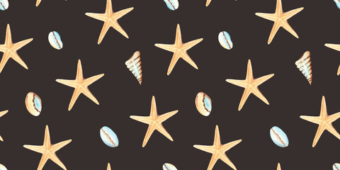 Watercolor under the sea hand drawn seamless pattern with starfish and seashells on black background. For fabric, textiles, baby clothes, wallpaper, marine beach design.