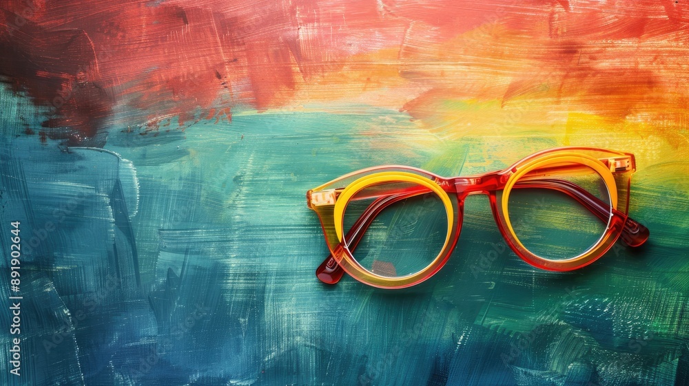 Wall mural Orange glasses on colorful, abstract painted background