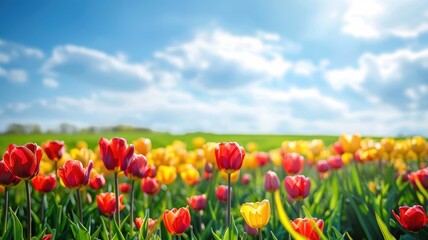 Vibrant tulip field under blue sky with fluffy clouds