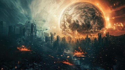 Obraz premium Apocalyptic cityscape with large planet and fiery sky looming over destroyed buildings