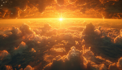 Deus Acima das Nuvens Observando a Terra com Humanos em Suas Atividades Diárias