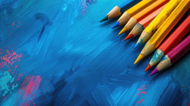 Colored pencils on blue textured background with paint smears