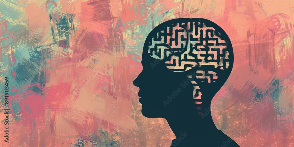 Poster a silhouette of a persons head with a maze inside, depicting creativity and complexity. it can be an