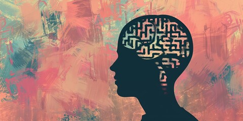 A silhouette of a persons head with a maze inside, depicting creativity and complexity. It can be an artistic and thoughtprovoking image for various uses