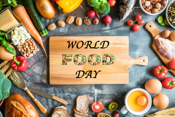Variety of food and ingredients framing a wooden board with the words World Food Day. Concept of the international food day, October 16.