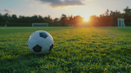 Close-up of soccer ball on pristine green field with sunset background