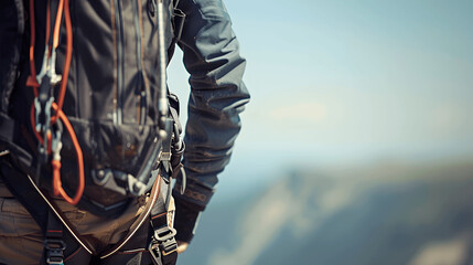 Close-up of paraglider's harness and equipment with open sky and distant mountains