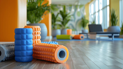 Close-up of foam rollers and yoga blocks stacked in corner with fitness class background