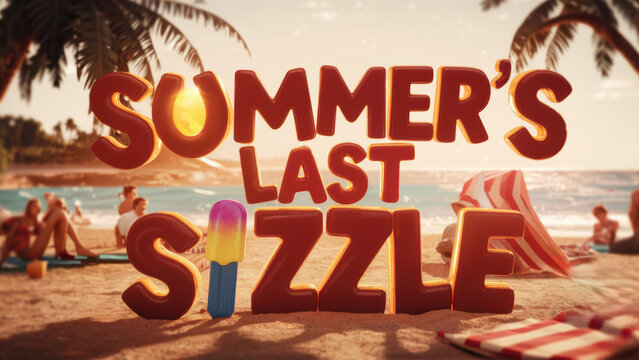 A group of people sitting on a beach with the words summer's last sizzle, AI