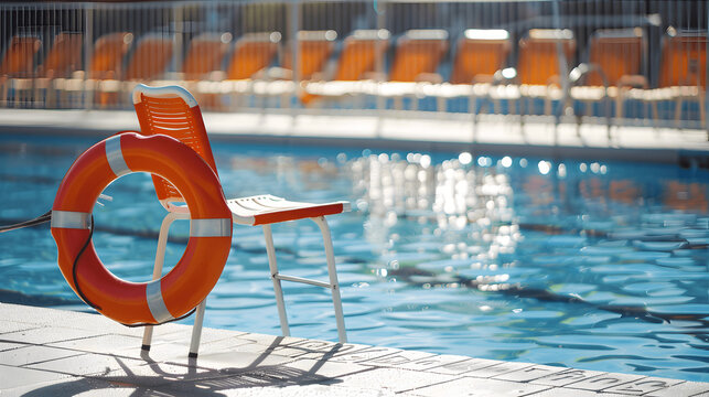 Close-up of lifeguard chair and rescue tube beside pool with glistening water