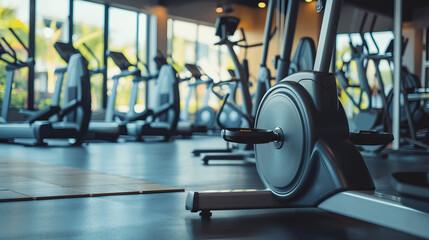 Fototapeta premium Elliptical machine in empty gym with clean organized setup