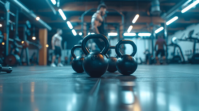 Kettlebells on polished gym floor with group workout session