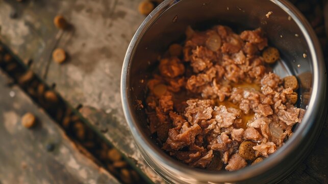 Canned pet food in bowl with dry kibbles