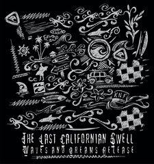 Sketch style illustration of elements related to surfing and summer culture.