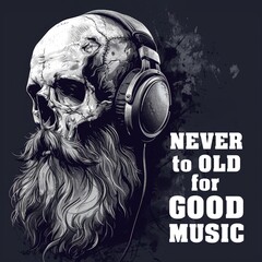 Never too old for good music. Motivational poster with an image of an old man's skull with a large gray beard and the motivational inscription.
