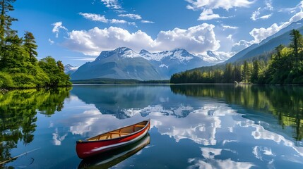 Obraz premium Scenic Mountain Lake with Red Canoe and Snow-Capped Peaks 