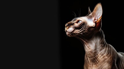 Sphynx hairless cat portrait on black background looking away