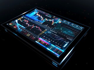 Digital tablet displaying financial trading chart, dark background, futuristic technology concept, 3D rendering,