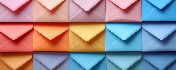 Background of The colorful arrangement of envelopes in various shades, neatly organized on a flat surface, stationery concept