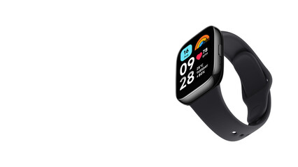 Closeup of dark silver smartwatch with grey wristband, isolated on white copy-space background.