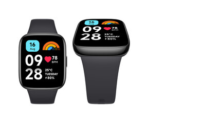 Closeup of dark silver smartwatches with grey wristband, isolated on white copy-space background.