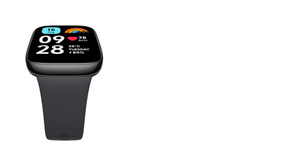 Closeup of dark silver smartwatch with grey wristband, isolated on white copy-space background.