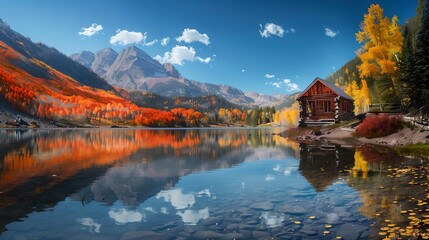 Obraz premium Beautiful Autumn Lake with Cabin and Vibrant Foliage 