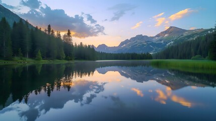 Fototapeta premium Tranquil Mountain Lake at Sunset with Reflections and Forest 