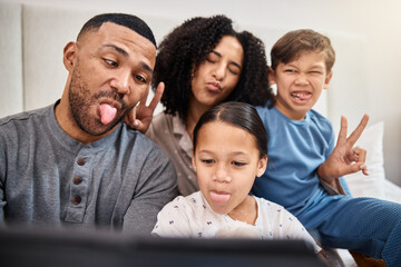 Parents, children and funny face for selfie in bedroom with peace sign, pout or emoji for comic memory. People, mother and father with kids, care and bonding for love in family home with social media