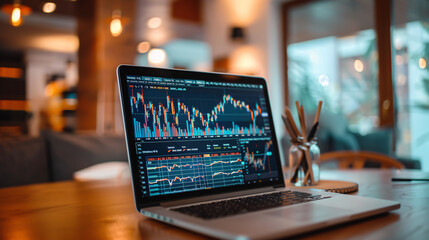 Laptops showing real-time stock market statistics and data on their screens.