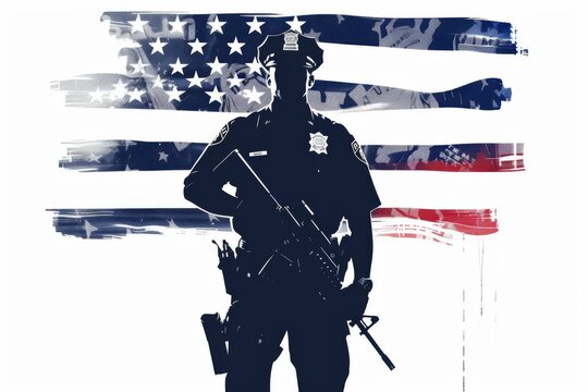 Isolated American Police Officer Standing In Front of USA Flag Generative Illustration Web Graphic