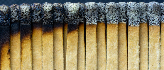 Set of burnt wooden matchsticks, used, together and lined up. one of the highlighted sticks out of...