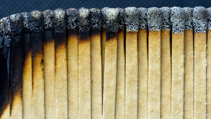 Set of burnt wooden matchsticks, used, together and lined up. one of the highlighted sticks out of...