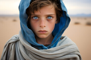 Fototapeta premium desert boy with blues eyes portrait, boy portrait in the desert with blue eyes