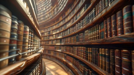 Fototapeta premium Cozy library interior with antique wooden bookshelves and vintage books in a warm, sunlit atmosphere.