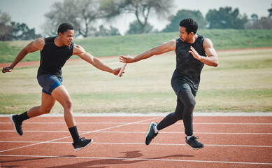Relay, race and men on track with partnership for speed challenge, teamwork event and sports at...