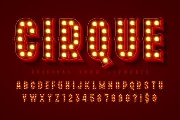 Retro circus alphabet design, cabaret, fairy LED lamps letters and numbers.