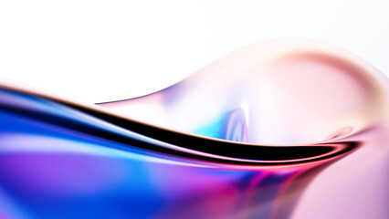 Abstract glass 3d render holographic colorful curved wave in motion on bright background. Gradient design element for banners, backgrounds, wallpapers, posters and covers.