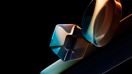 Abstract fluid holographic iridescent neon geometric shapes in dark background 3d render. Gradient design element for banners, backgrounds, wallpapers and covers