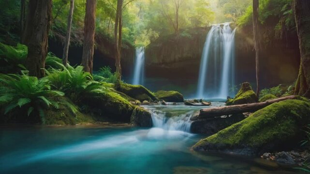 waterfall in the jungle, seamless looping animation video background 