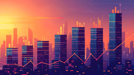 Naklejka premium City skyline with a financial growth graph overlay, illustrating urban development, economic growth, and real estate investment trends.