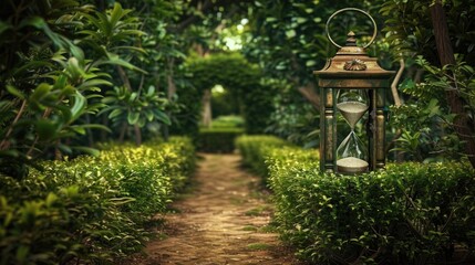 English green labyrinth with hourglass, clock, shrubs and trees. way out of a difficult situation. puzzle and riddle