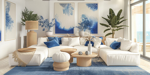 A bright and airy living room with a white sofa, neutral-toned pillows, indoor plants