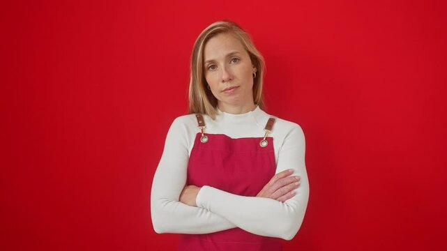 Serious yet relaxed, a young blonde woman in apron stands with a simple, natural look. perfect trust in her unworried expression as she poses over a vibrant, isolated red background