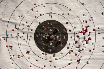 Old practice shooting target, damaged gun, bullet traces