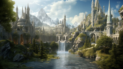 Elven Citadel, RPG, Fantasy City, Waterfalls, Generative AI